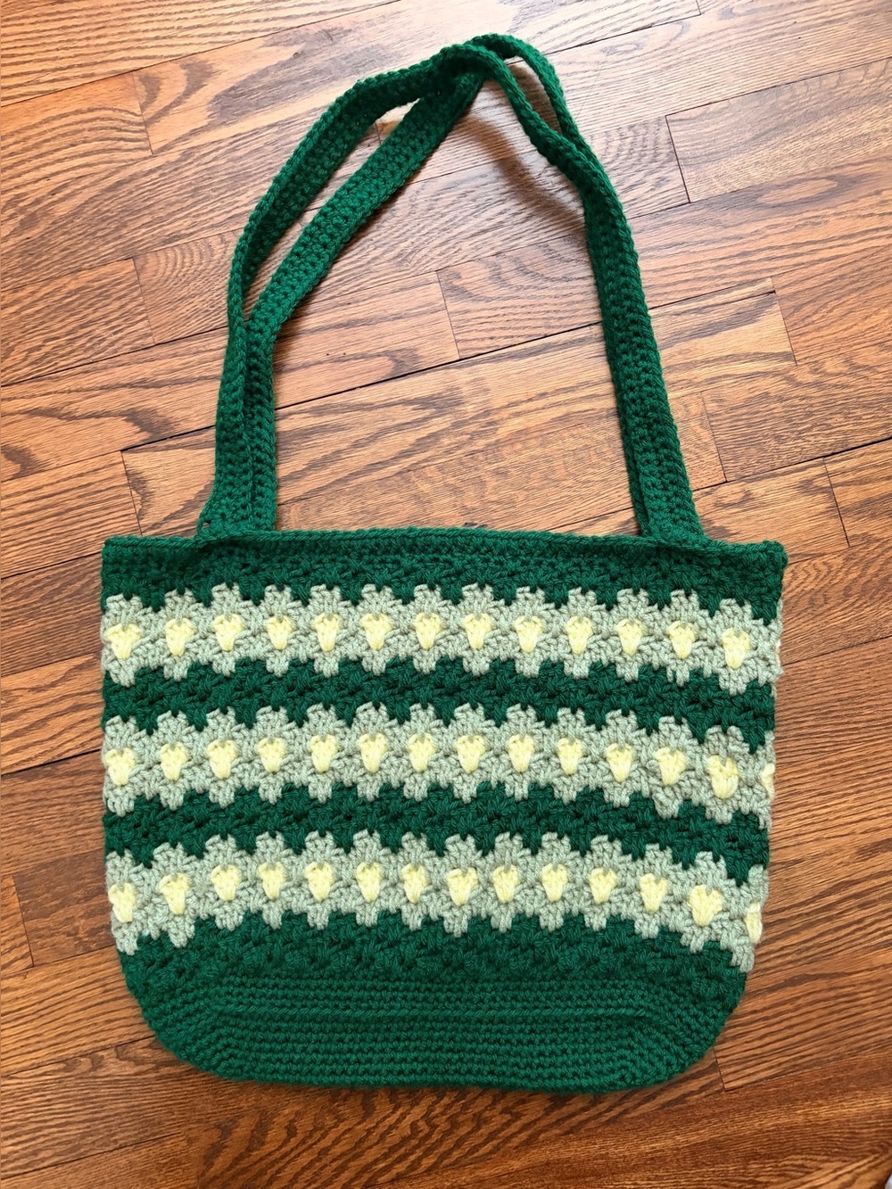 Handmade Green Cream Yarn Tote Bag Stripe Pattern